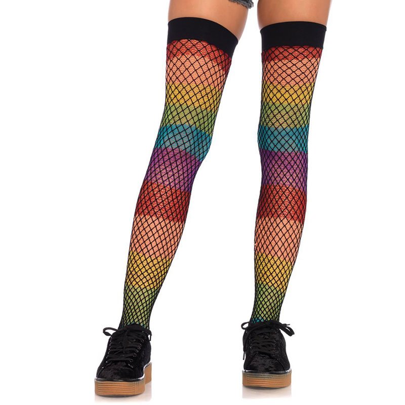 Rainbow Thigh Highs with Fishnet Overlay
