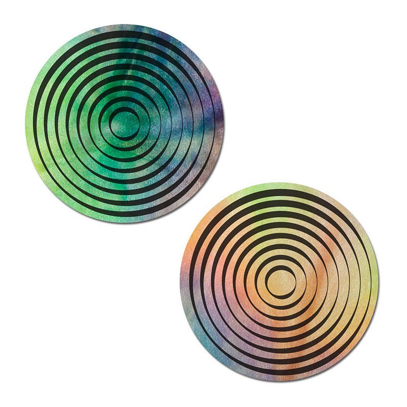 Trippy UV Reactive Pastel Rainbow Tie-Dye Circle with Black Spiral Nipple Pasties